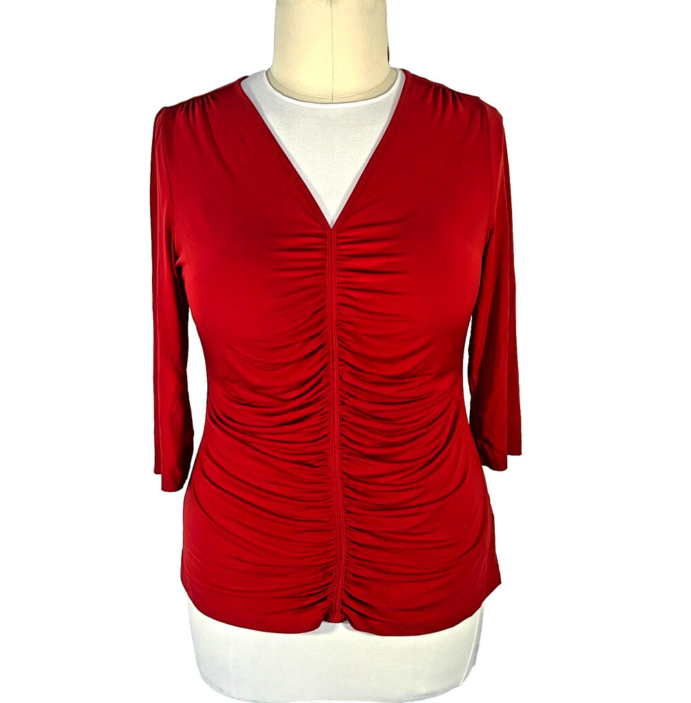 ECI New York - Blouse Womens XL Red Stretch Ruched Front V-Neck 3/4 Sleeve